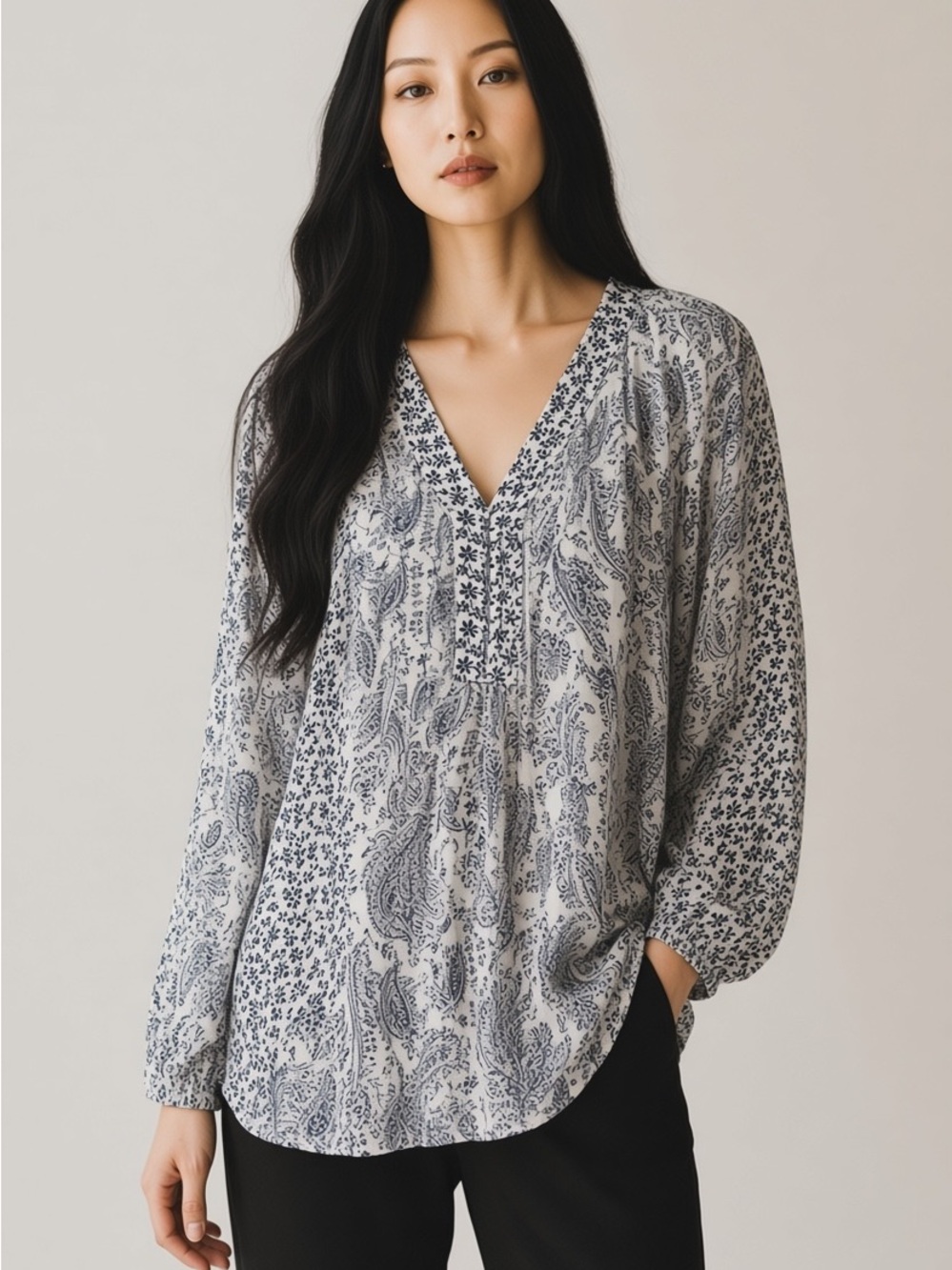 Zac & Rachel Blue and White Paisley V-Neck Tunic